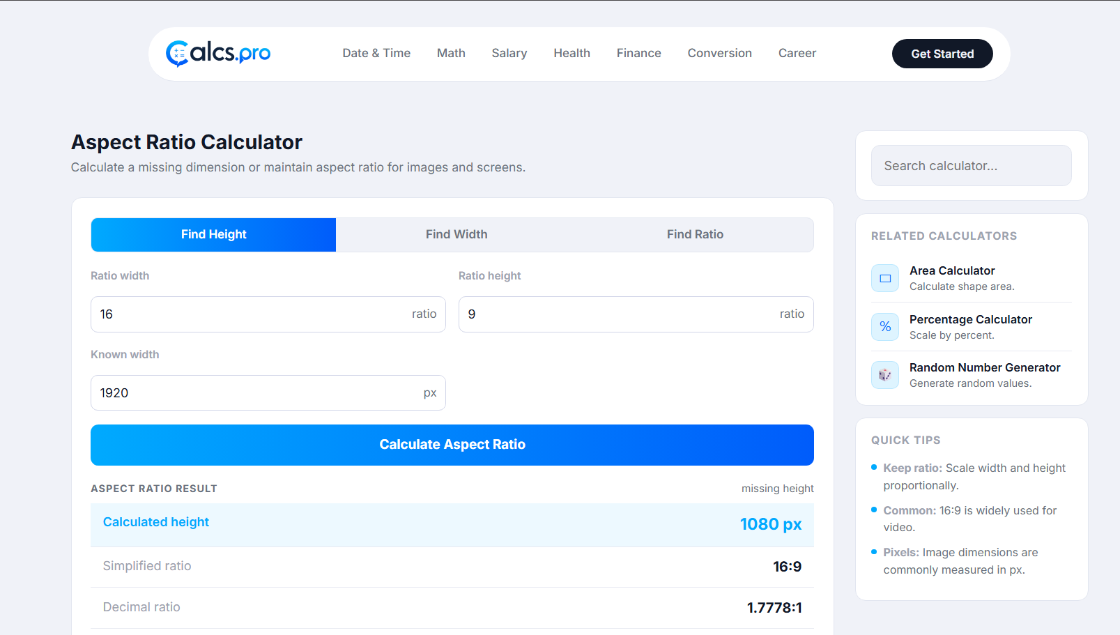 Aspect Ratio Calculator | Calcs.pro